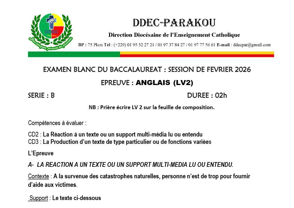 Aperçu de la première page — BAC BLANC DIOCÈSE DE PARAKOU Anglais LV2 Série B 2026