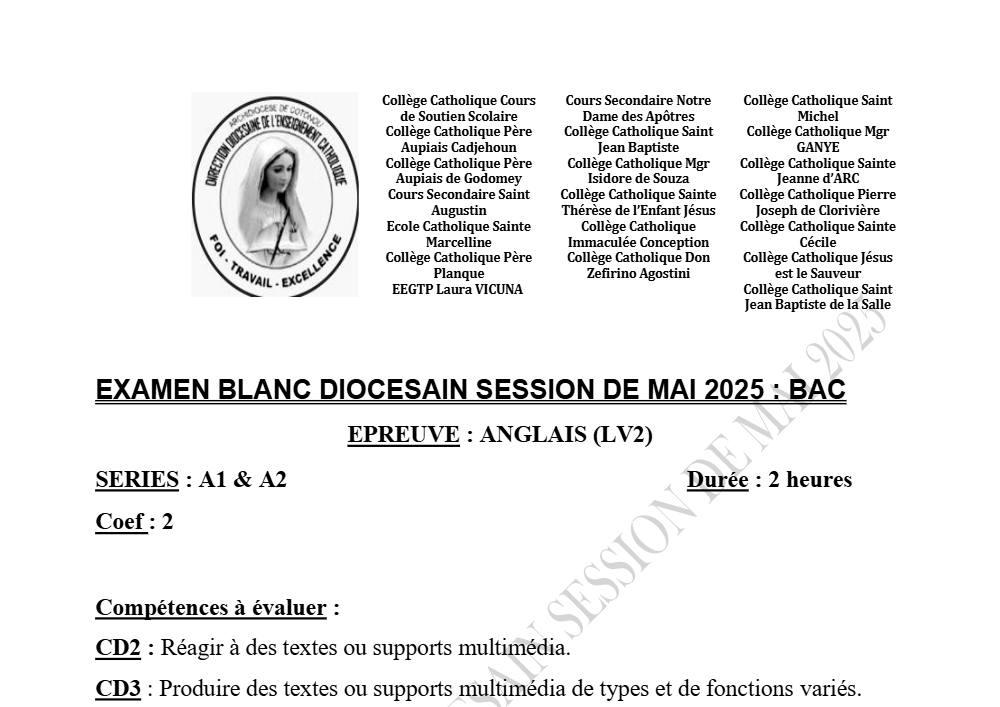 Aperçu de la première page — BAC BLANC DIOCÈSE DE PARAKOU Anglais LV2 Séries A1 A2 Mai 2025