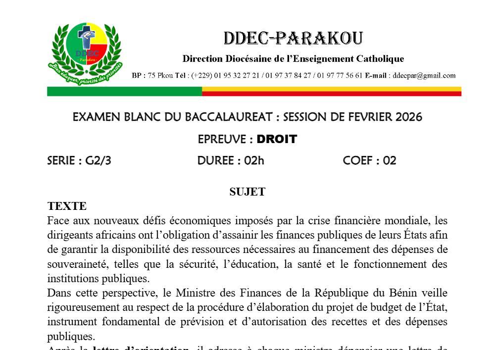 Aperçu de la première page — BAC BLANC DIOCÈSE DE PARAKOU Droit Séries G2 G3 2026