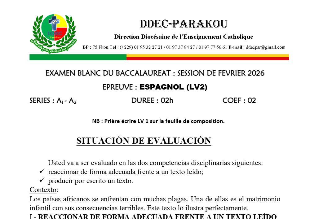Aperçu de la première page — BAC BLANC DIOCÈSE DE PARAKOU Espagnol LV2 Séries A1 A2 2026