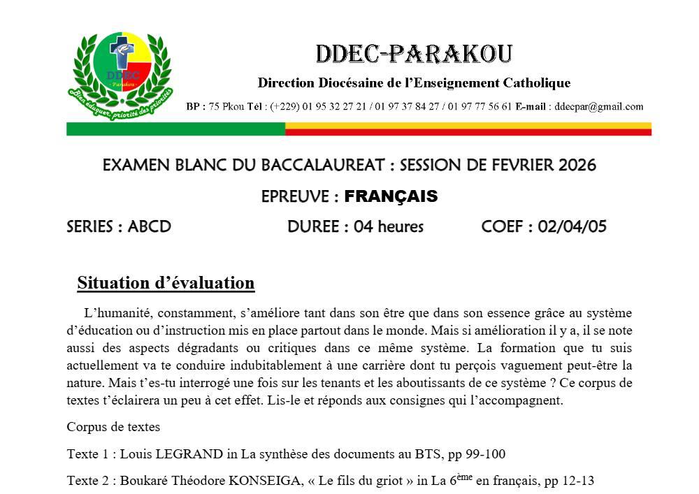 Aperçu de la première page — BAC BLANC DIOCÈSE DE PARAKOU Français Séries A B C D 2026