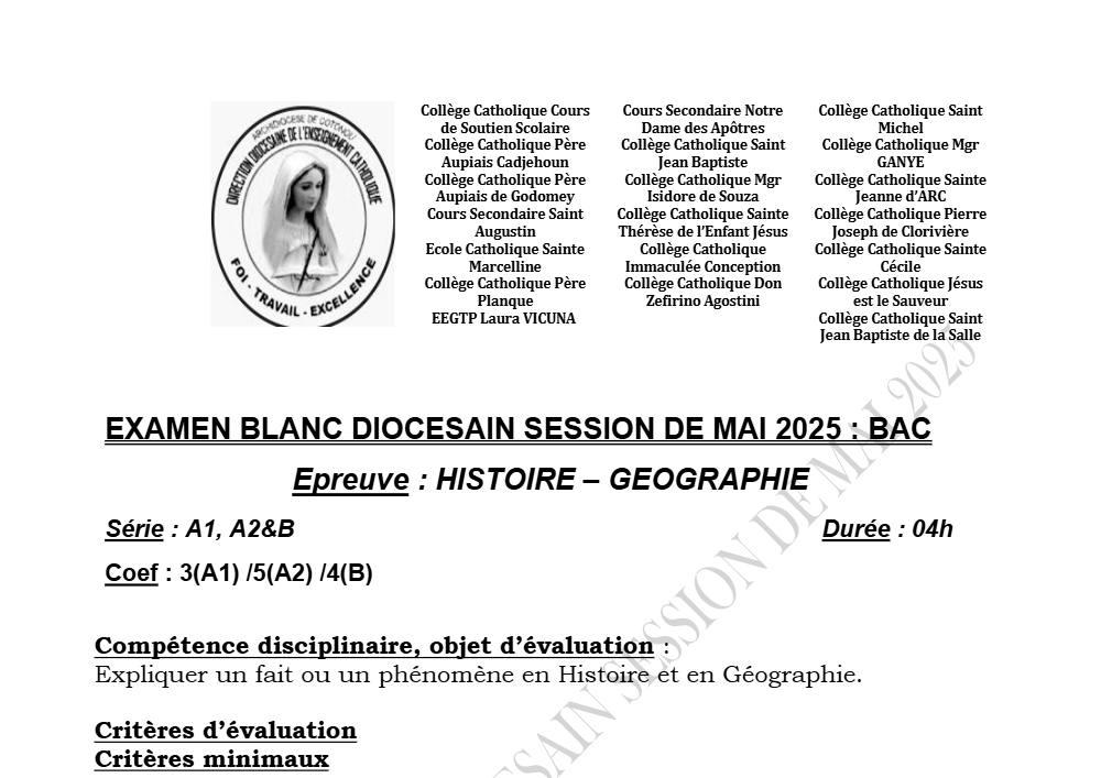 Aperçu de la première page — BAC BLANC DIOCÈSE DE PARAKOU Histoire Géographie Mai 2025