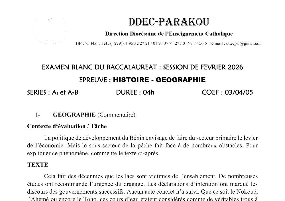 Aperçu de la première page — BAC BLANC DIOCÈSE DE PARAKOU Histoire Géographie Séries A1 A2 B 2026
