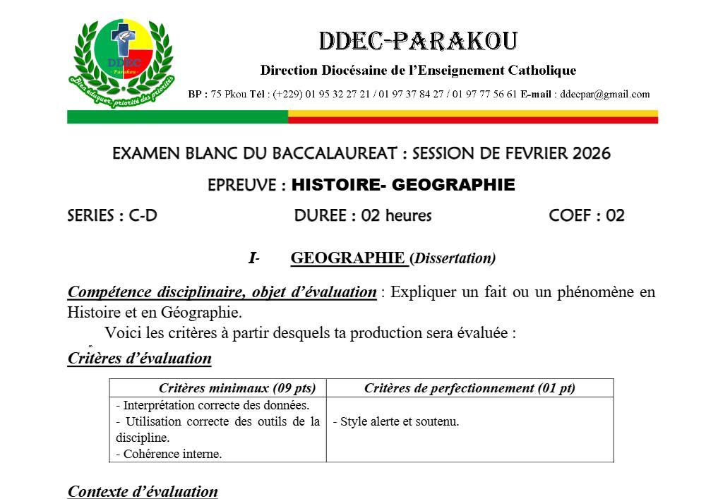 Aperçu de la première page — BAC BLANC DIOCÈSE DE PARAKOU Histoire Géographie Séries C D 2026