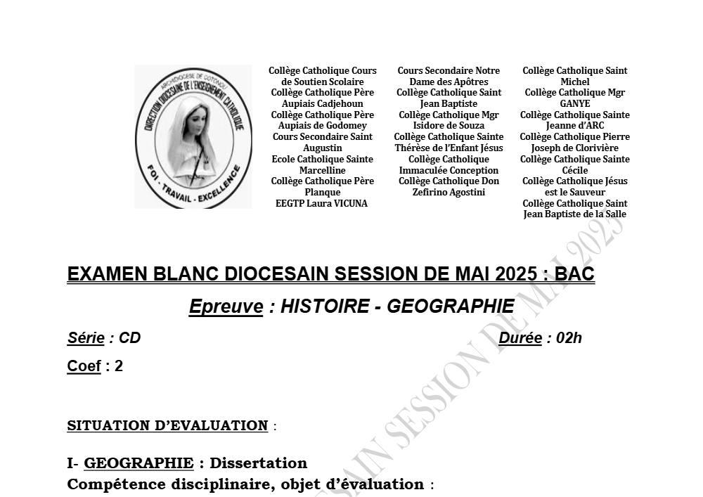 Aperçu de la première page — BAC BLANC DIOCÈSE DE PARAKOU Histoire Géographie Séries C D Mai 2025