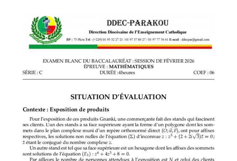 Aperçu de la première page — BAC BLANC DIOCÈSE DE PARAKOU Mathématiques Série C Février 2026