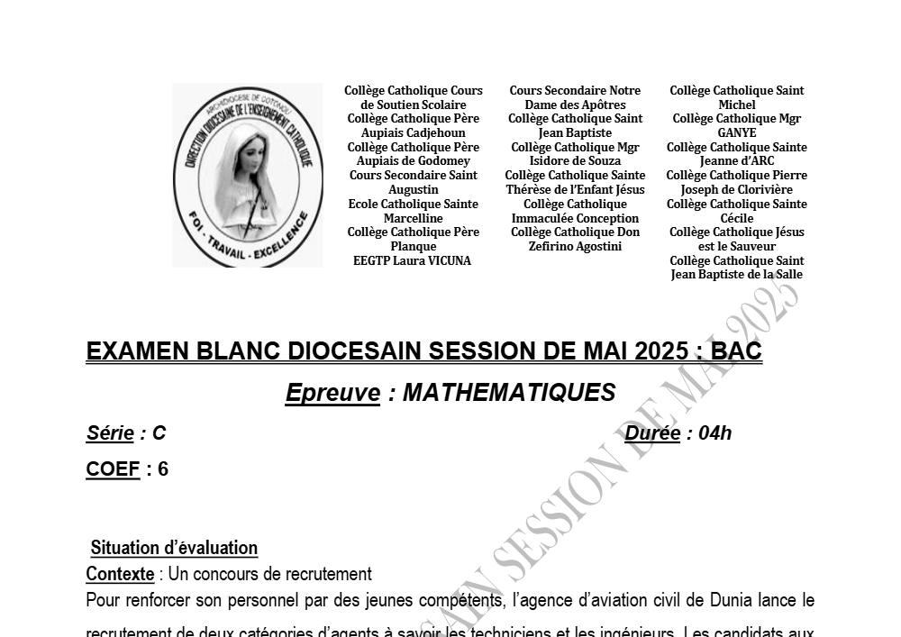 Aperçu de la première page — BAC BLANC DIOCÈSE DE PARAKOU Mathématiques Série C Mai 2025