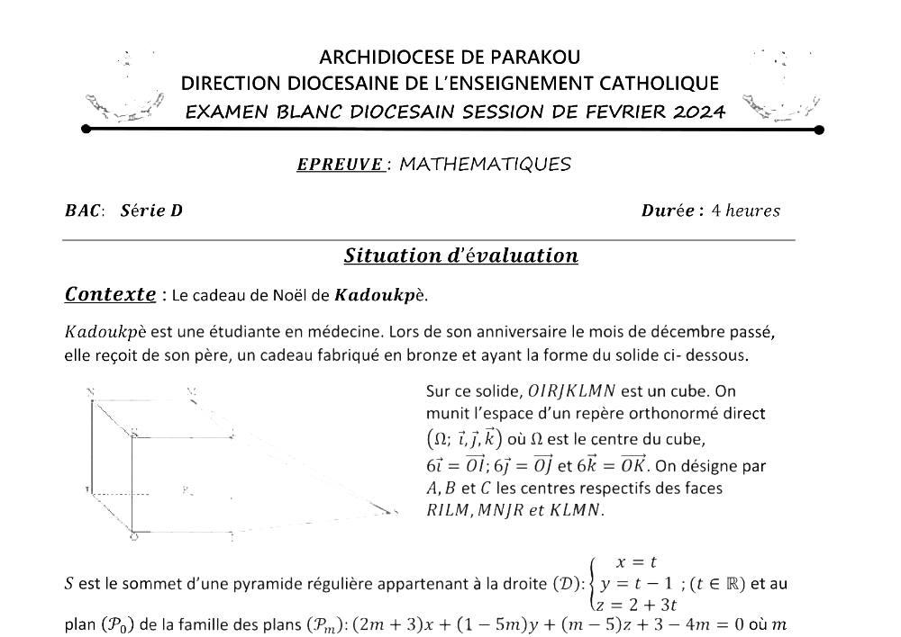 Aperçu de la première page — BAC BLANC DIOCÈSE DE PARAKOU Mathématiques Série D Février 2024