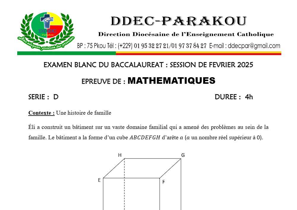 Aperçu de la première page — BAC BLANC DIOCÈSE DE PARAKOU Mathématiques Série D Février 2025