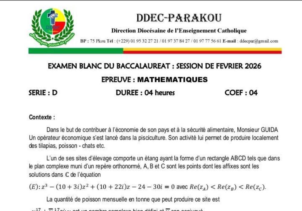 Aperçu de la première page — BAC BLANC DIOCÈSE DE PARAKOU Mathématiques Série D Février 2026