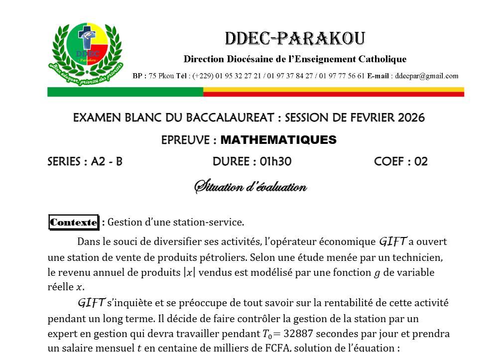 Aperçu de la première page — BAC BLANC DIOCÈSE DE PARAKOU Mathématiques Séries A2 B 2026