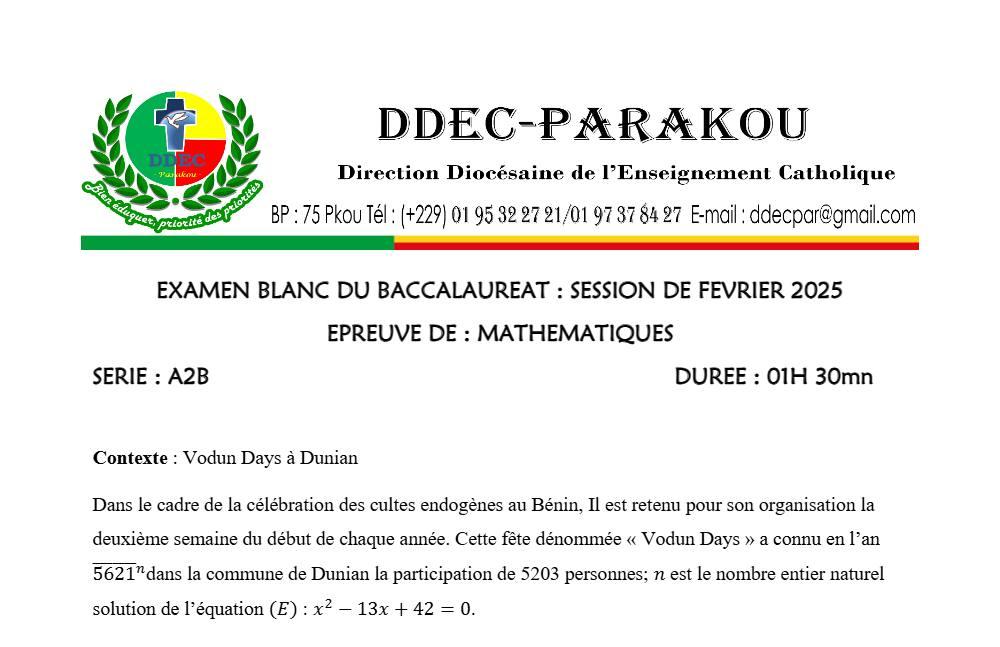 Aperçu de la première page — BAC BLANC DIOCÈSE DE PARAKOU Mathématiques Séries A2 B Février 2025