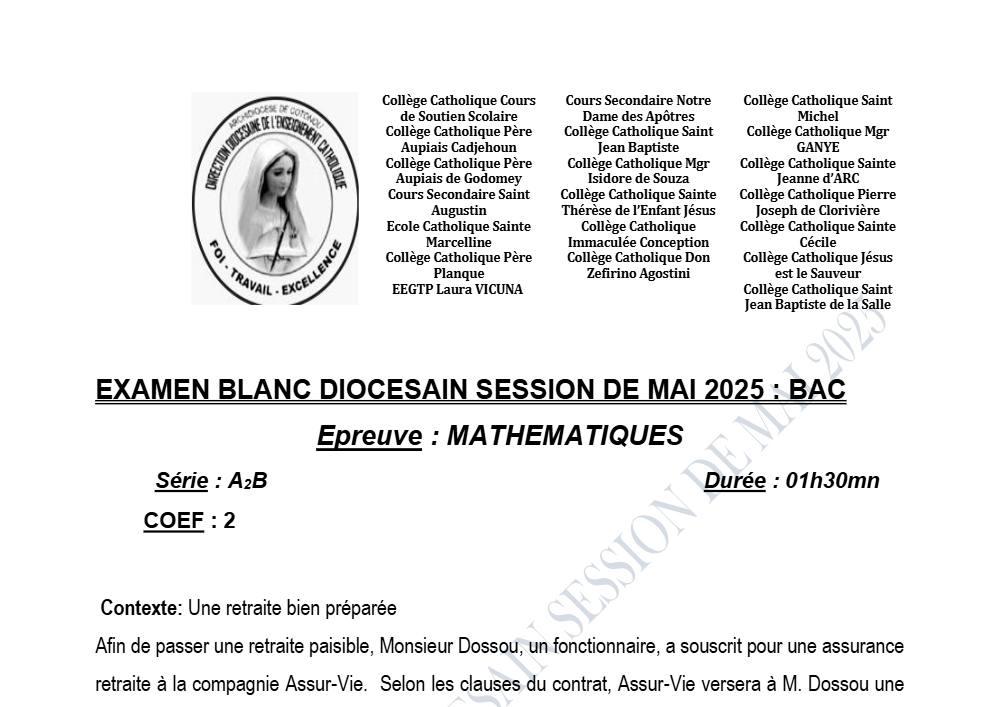 Aperçu de la première page — BAC BLANC DIOCÈSE DE PARAKOU Mathématiques Séries A2 B Mai 2025