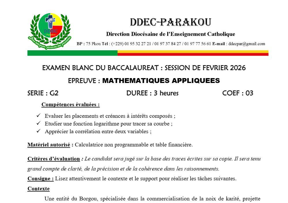 Aperçu de la première page — BAC BLANC DIOCÈSE DE PARAKOU Mathématiques Appliquées Série G2 2026