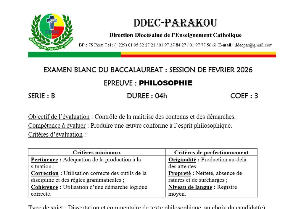 Aperçu de la première page — BAC BLANC DIOCÈSE DE PARAKOU Philosophie Série B 2026