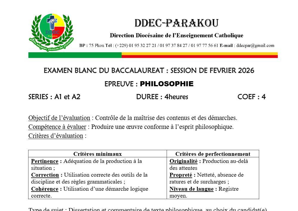 Aperçu de la première page — BAC BLANC DIOCÈSE DE PARAKOU Philosophie Séries A1 A2 2026