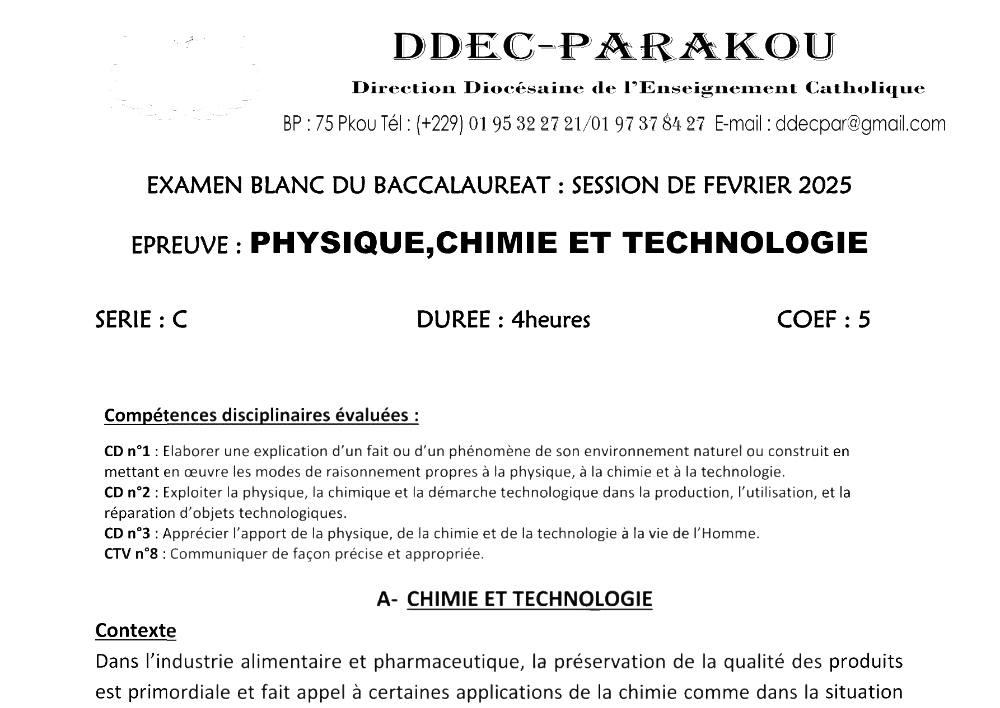 Aperçu de la première page — BAC BLANC DIOCÈSE DE PARAKOU Physique Chimie Technologie Série C Février 2025