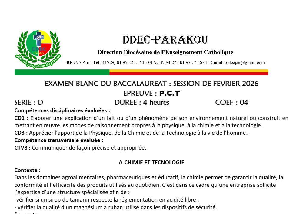 Aperçu de la première page — BAC BLANC DIOCÈSE DE PARAKOU Physique Chimie Technologie Série D 2026