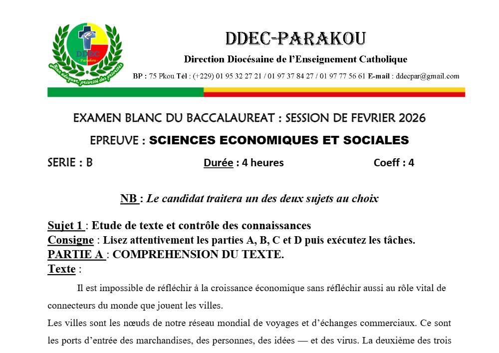 Aperçu de la première page — BAC BLANC DIOCÈSE DE PARAKOU Sciences Économiques et Sociales Série B 2026