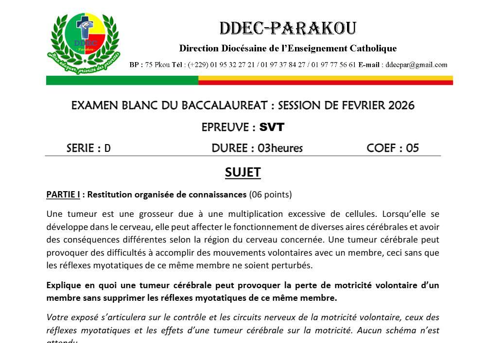 Aperçu de la première page — BAC BLANC DIOCÈSE DE PARAKOU SVT Série D 2026