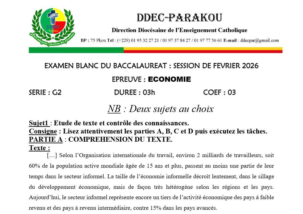Aperçu de la première page — BAC BLANC DIOCÈSE DE PARAKOU Économie Série G2 2026