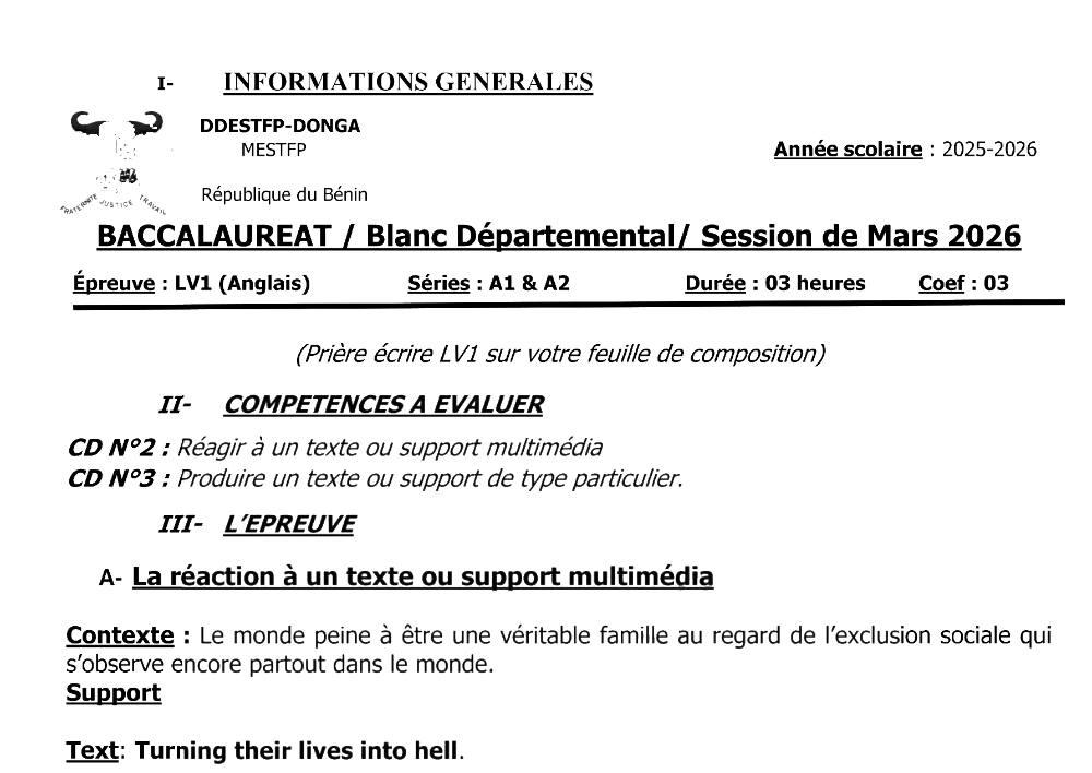 Aperçu de la première page — BAC BLANC DONGA Anglais LV1 Séries A1 A2 2026