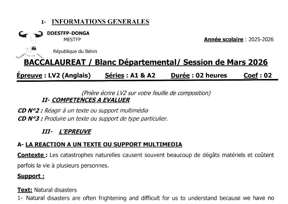 Aperçu de la première page — BAC BLANC DONGA Anglais LV2 Séries A1 A2 2026