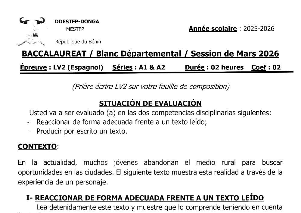 Aperçu de la première page — BAC BLANC DONGA Espagnol LV2 Séries A1 A2 2026