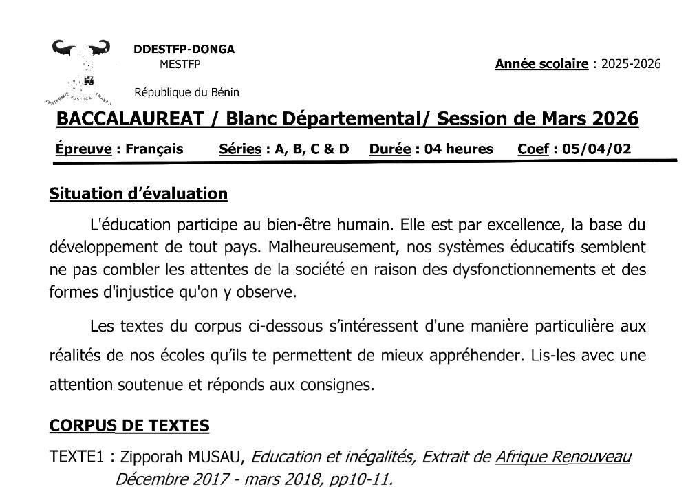 Aperçu de la première page — BAC BLANC DONGA Français Séries A B C D 2026