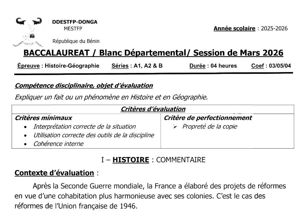 Aperçu de la première page — BAC BLANC DONGA Histoire Géographie Séries A1 A2 B 2026