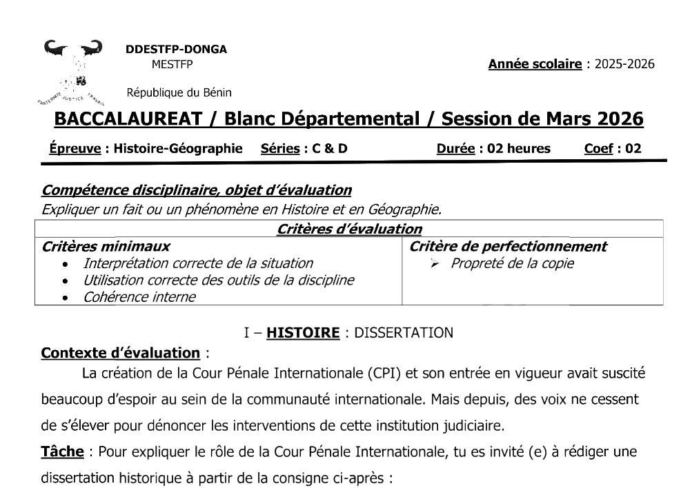 Aperçu de la première page — BAC BLANC DONGA Histoire Géographie Séries C D 2026