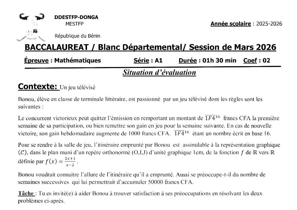 Aperçu de la première page — BAC BLANC DONGA Mathématiques Série A1 2026