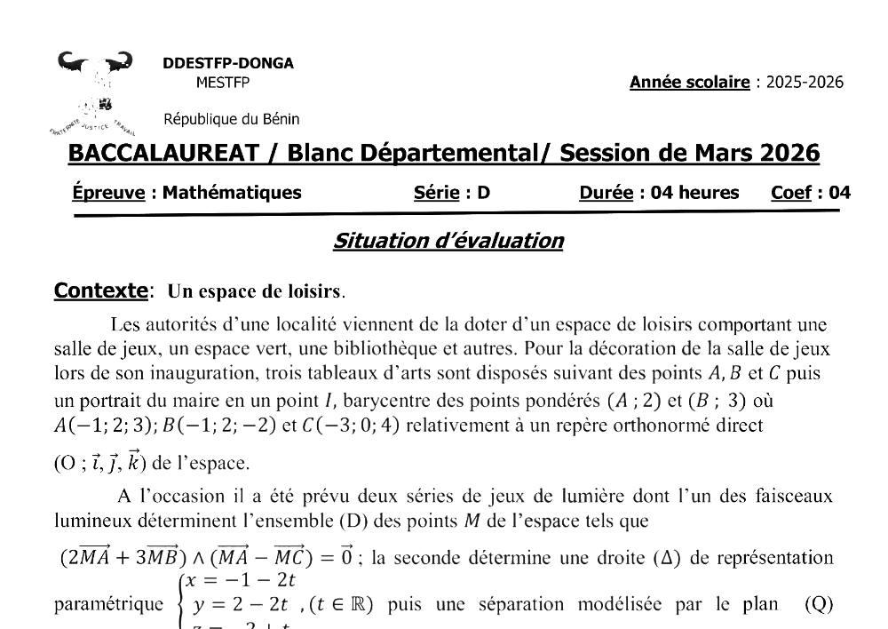 Aperçu de la première page — BAC BLANC DONGA Mathématiques Série D 2026