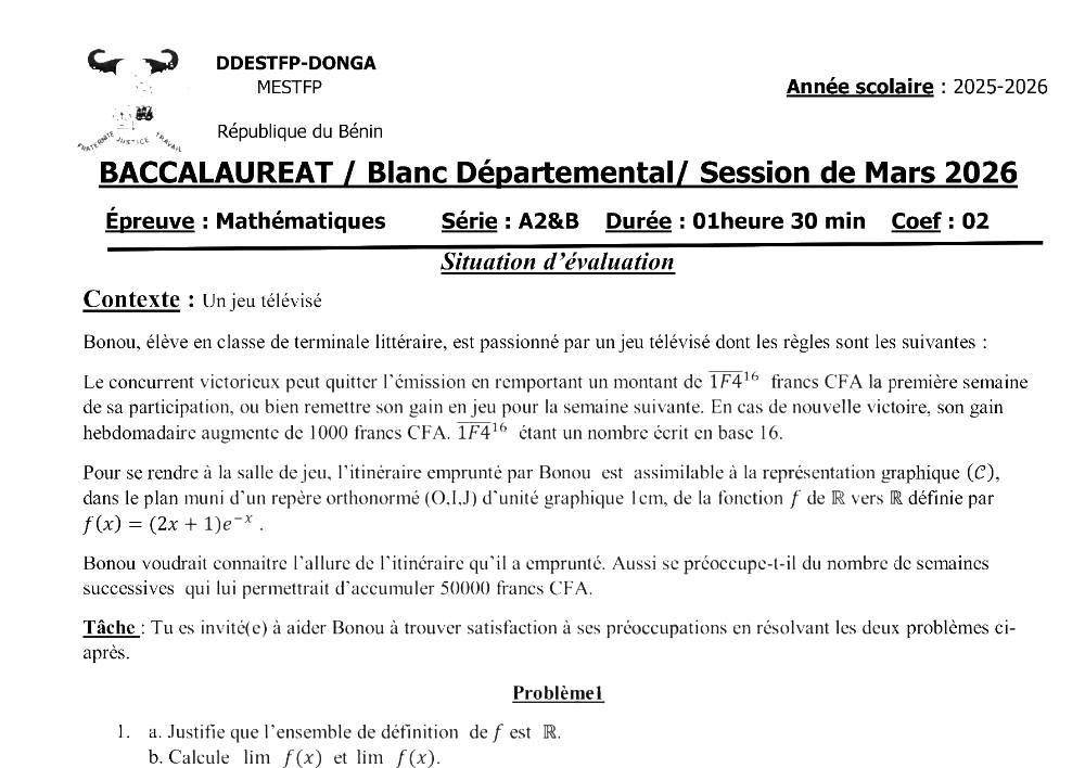 Aperçu de la première page — BAC BLANC DONGA Mathématiques Séries A2 B 2026