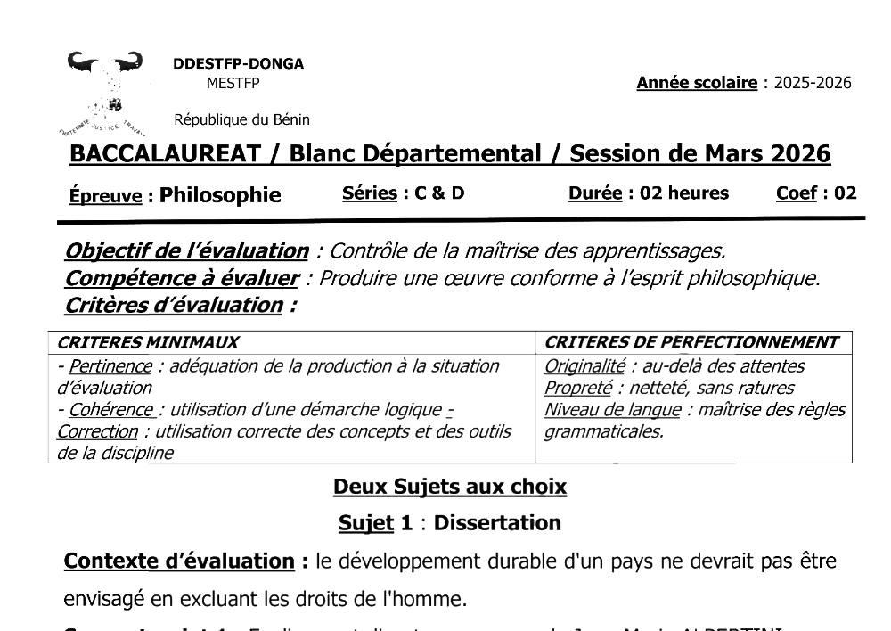 Aperçu de la première page — BAC BLANC DONGA Philosophie Séries C D 2026