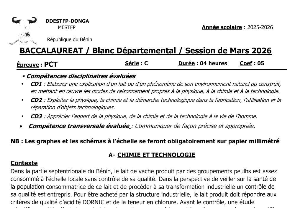 Aperçu de la première page — BAC BLANC DONGA Physique Chimie Technologie Série C 2026