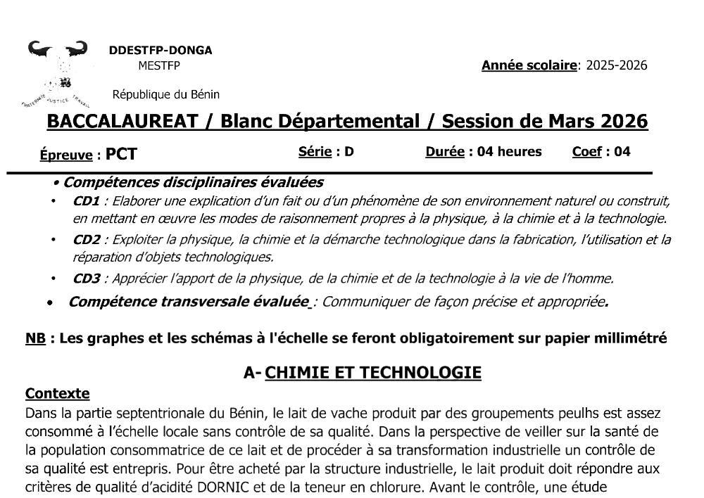 Aperçu de la première page — BAC BLANC DONGA Physique Chimie Technologie Série D 2026