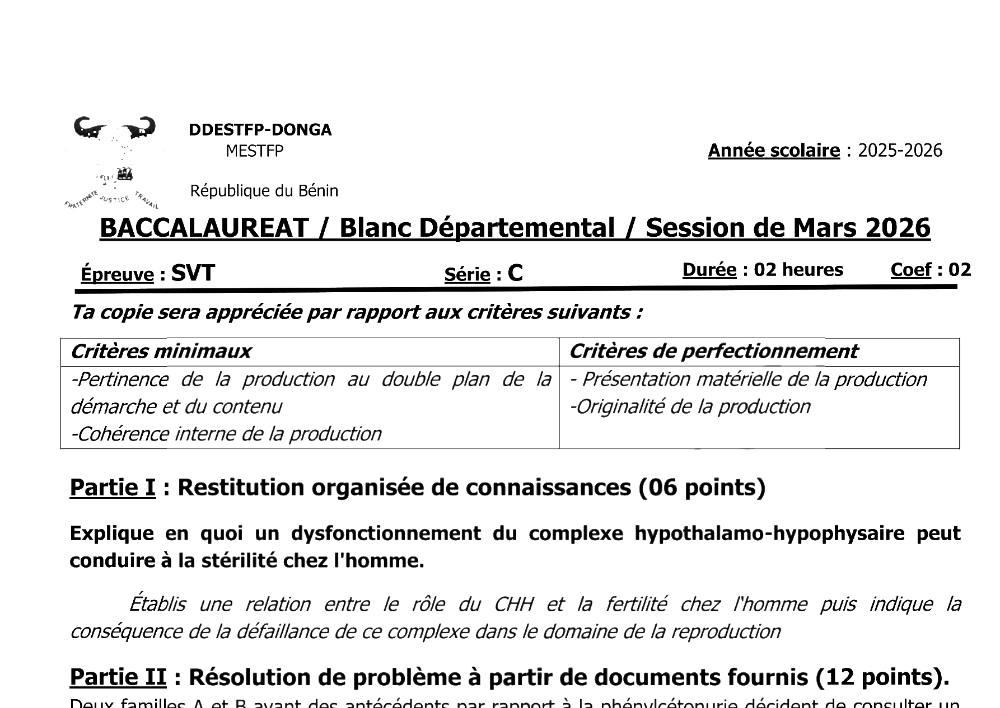 Aperçu de la première page — BAC BLANC DONGA SVT Série C 2026