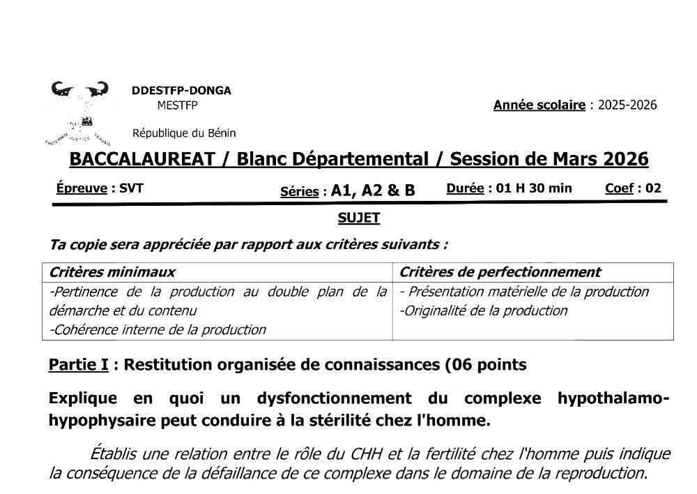 Aperçu de la première page — BAC BLANC DONGA SVT Séries A1 A2 B 2026