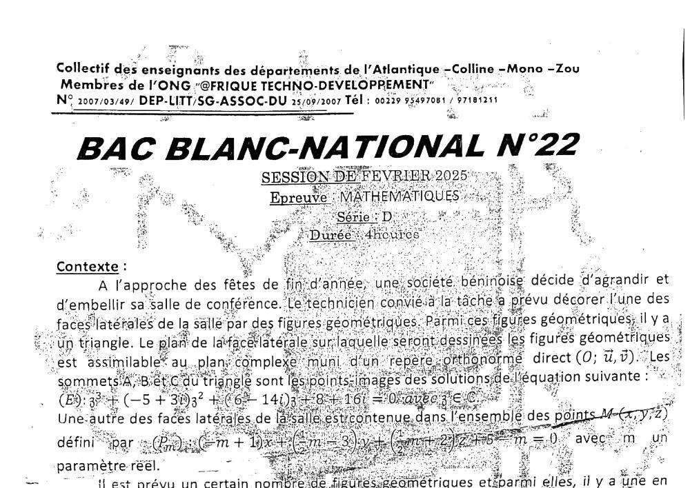 Aperçu de la première page — BAC BLANC ENTRAÎNEMENT SCOLAIRE Mathématiques Série D Février 2025