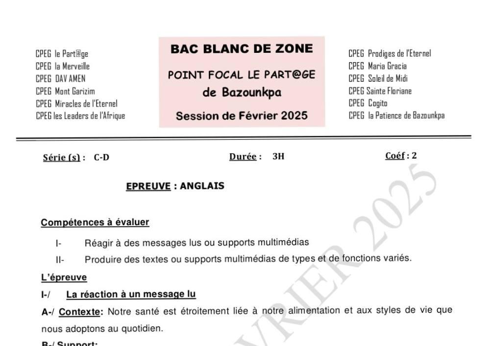Aperçu de la première page — BAC BLANC INTER COLLÈGES DE BAZOUNKPA Anglais Séries C D 2025