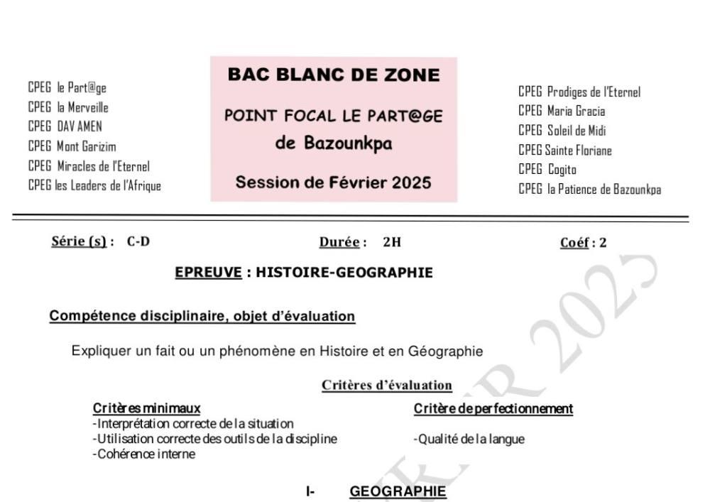 Aperçu de la première page — BAC BLANC INTER COLLÈGES DE BAZOUNKPA Histoire Géographie Séries C D 2025