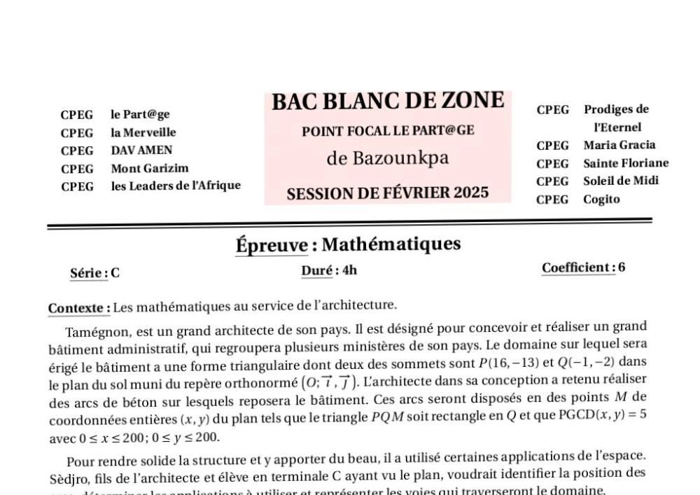 Aperçu de la première page — BAC BLANC INTER COLLÈGES DE BAZOUNKPA Mathématiques Série C 2025