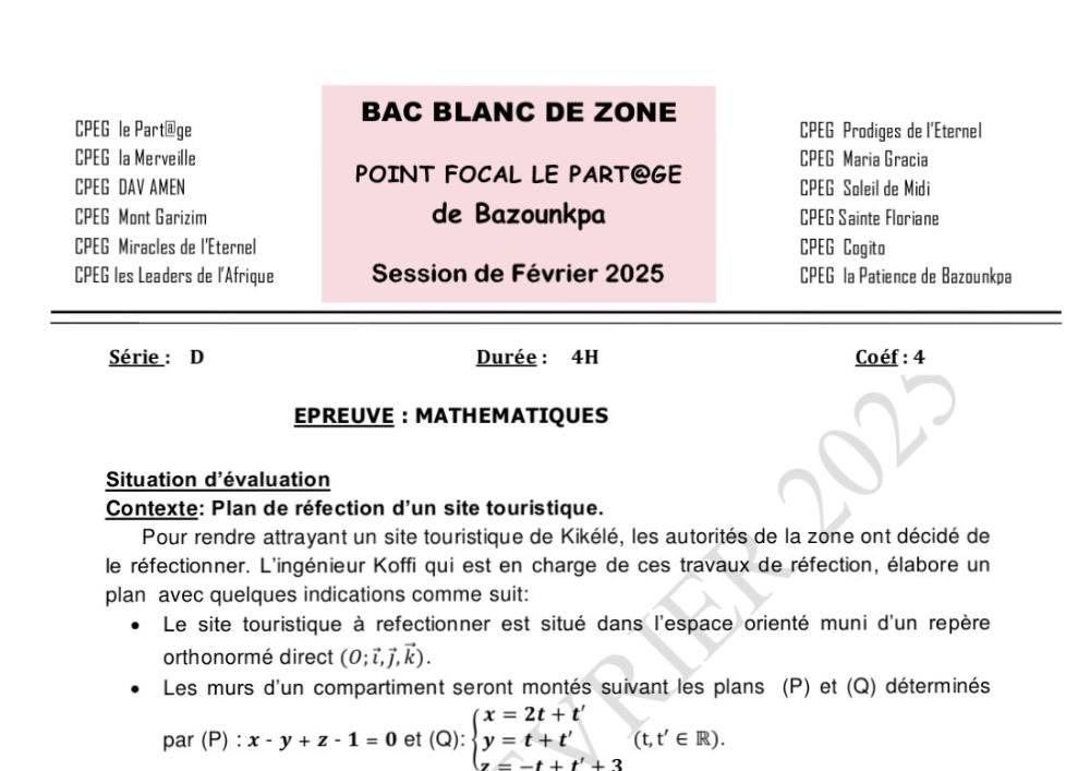 Aperçu de la première page — BAC BLANC INTER COLLÈGES DE BAZOUNKPA Mathématiques Série D 2025