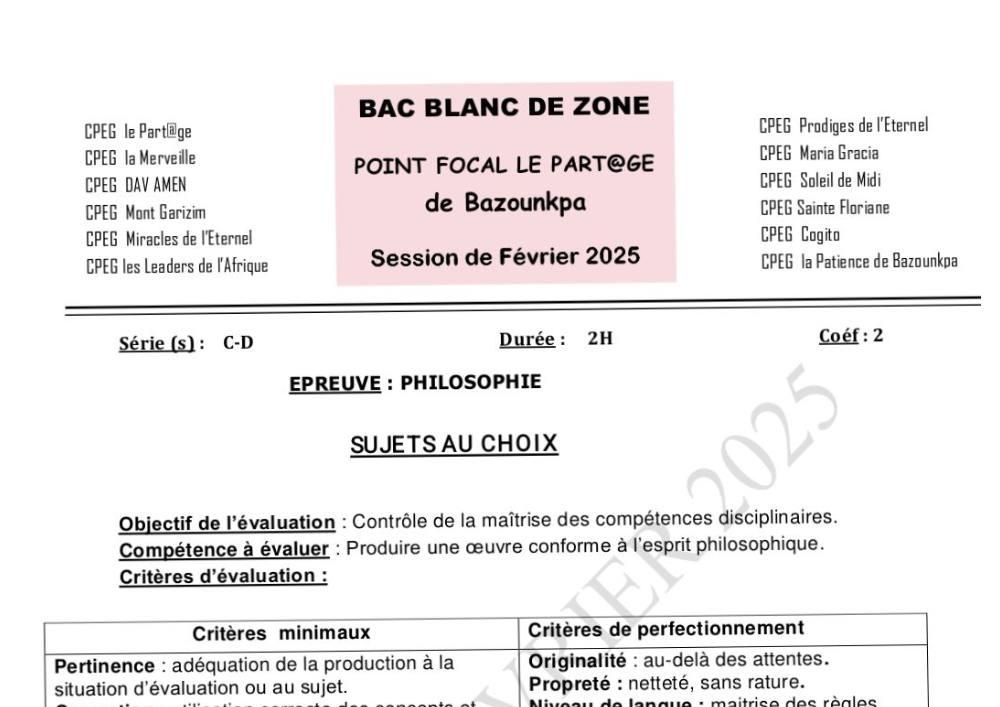 Aperçu de la première page — BAC BLANC INTER COLLÈGES DE BAZOUNKPA Philosophie Séries C D 2025