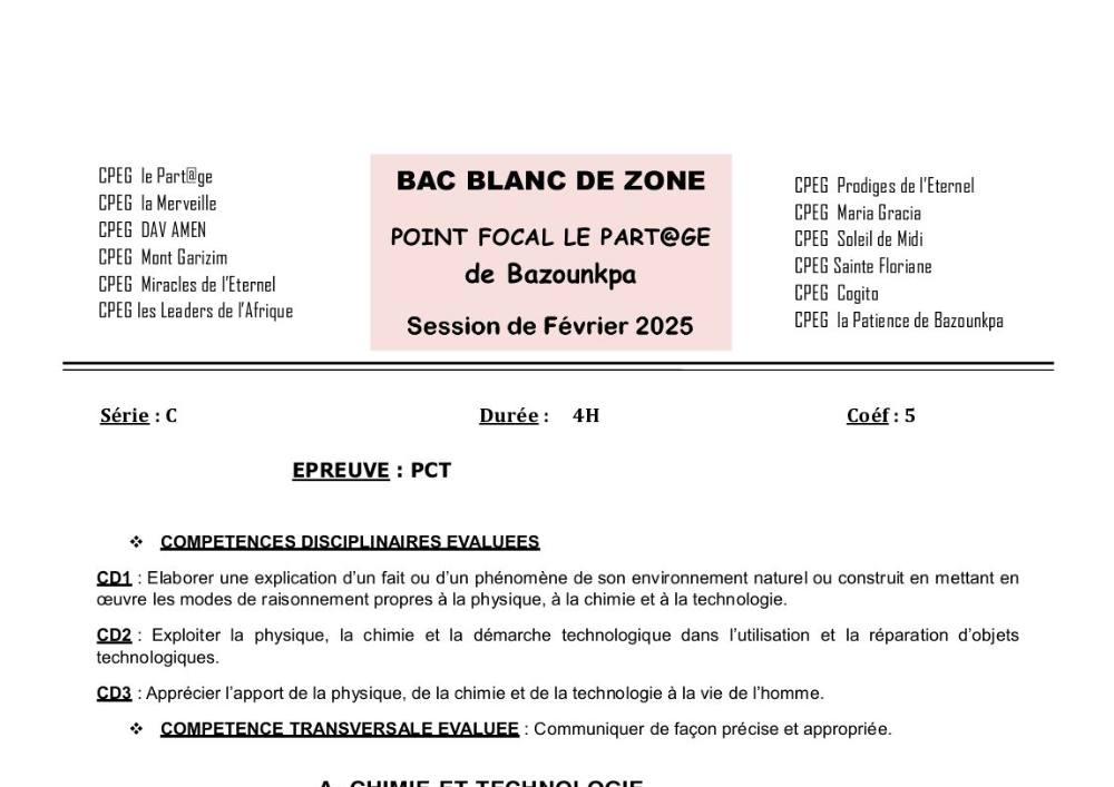 Aperçu de la première page — BAC BLANC INTER COLLÈGES DE BAZOUNKPA Physique Chimie Technologie Série C 2025