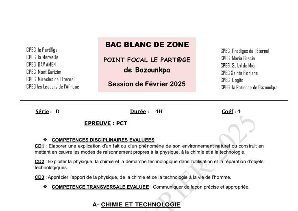 Aperçu de la première page — BAC BLANC INTER COLLÈGES DE BAZOUNKPA Physique Chimie Technologie Série D 2025