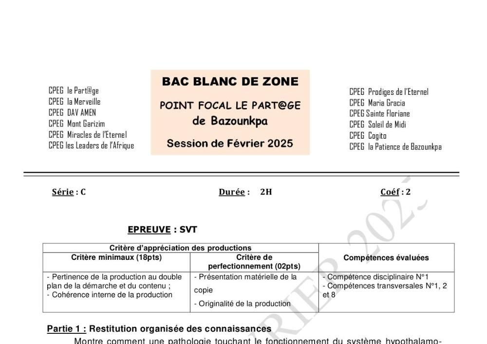 Aperçu de la première page — BAC BLANC INTER COLLÈGES DE BAZOUNKPA SVT Série C 2025