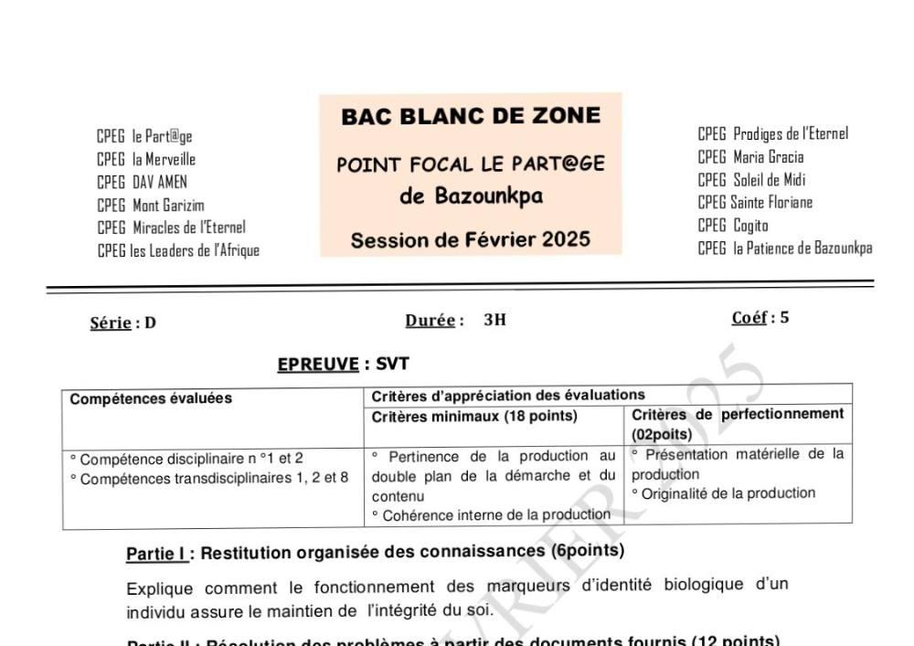 Aperçu de la première page — BAC BLANC INTER COLLÈGES DE BAZOUNKPA SVT Série D 2025
