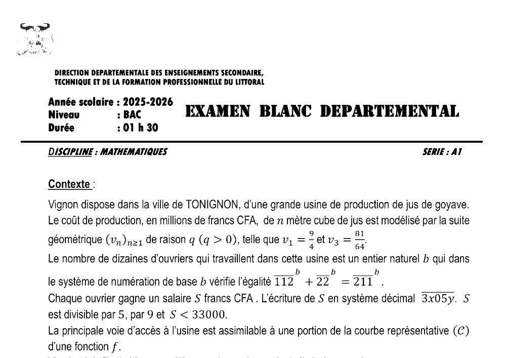 Aperçu de la première page — BAC BLANC LITTORAL Mathématiques Série A1 2026